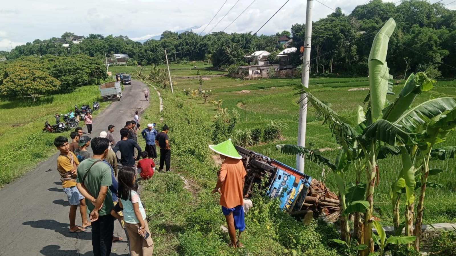 Tak Kuat Menanjak, Teruk Pengangkut Kayu Terjun ke Sawah