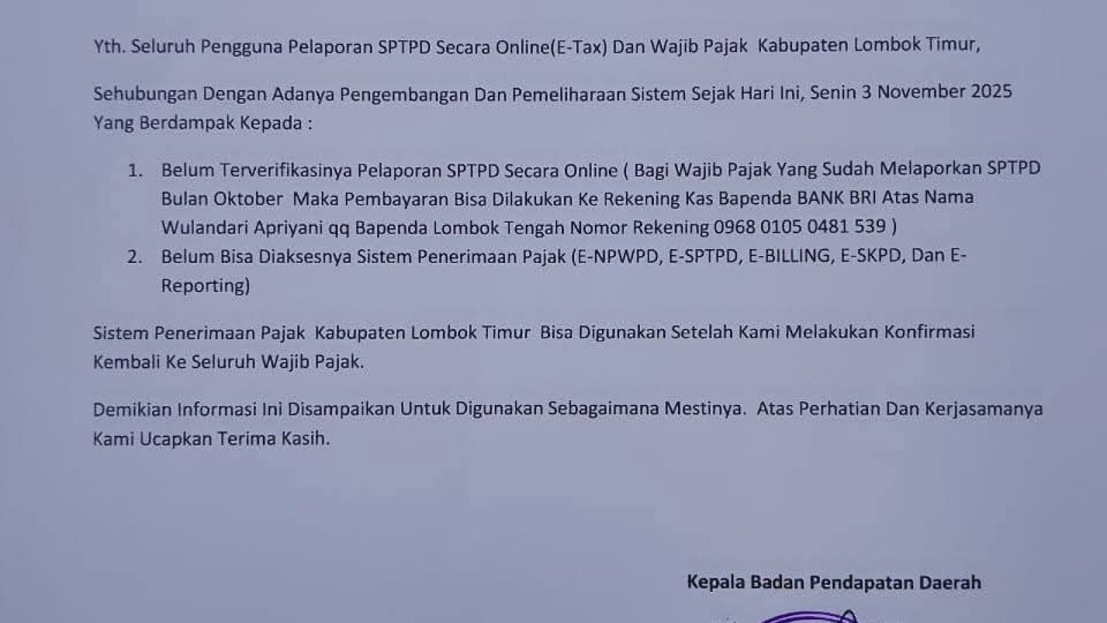 Waspada! Modus Penipuan Mengatasnamakan Bapenda Lombok Timur