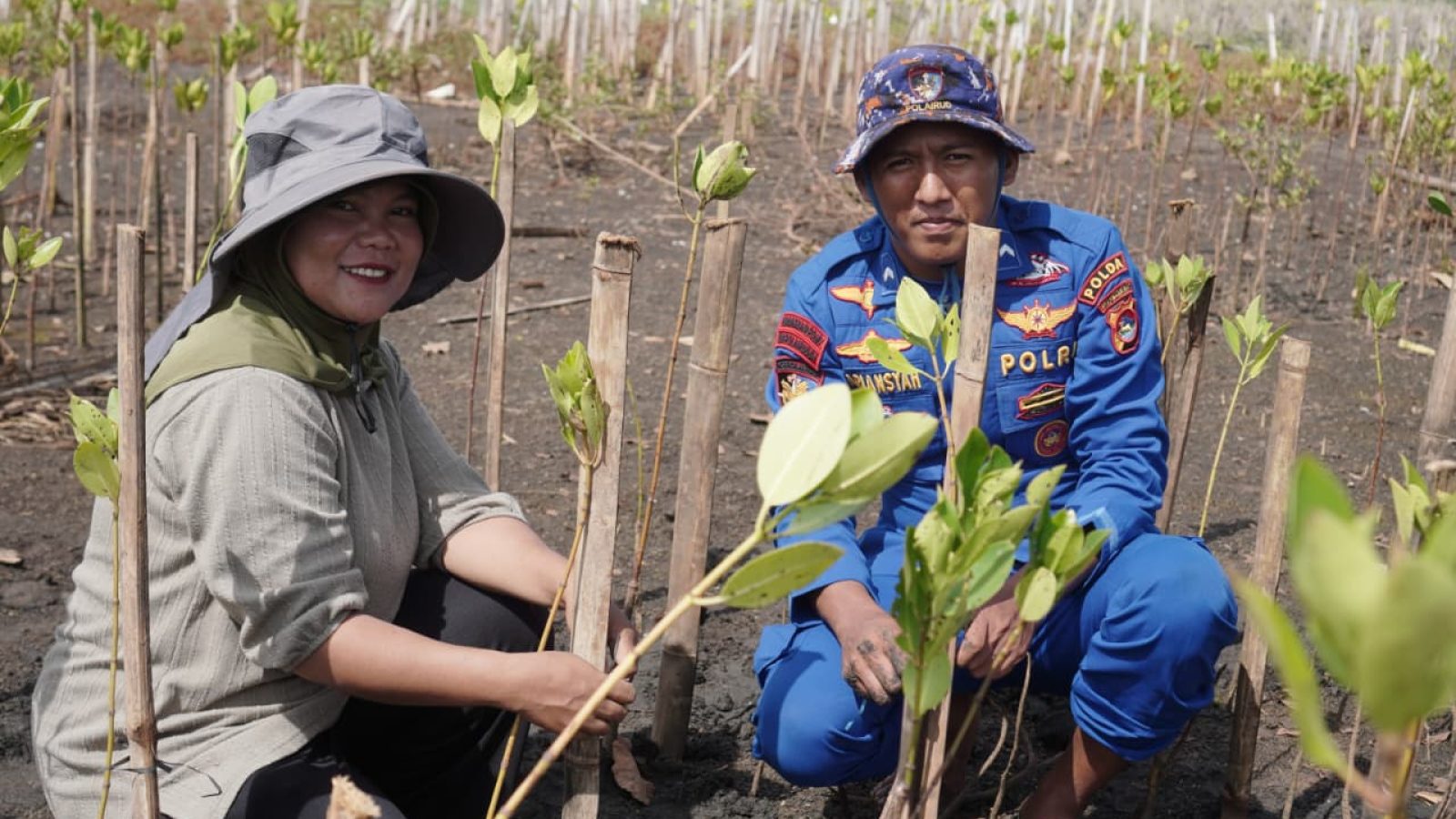 Polisi dan Masyarakat Tanam Mangrove di Muara Sugian Sambelia