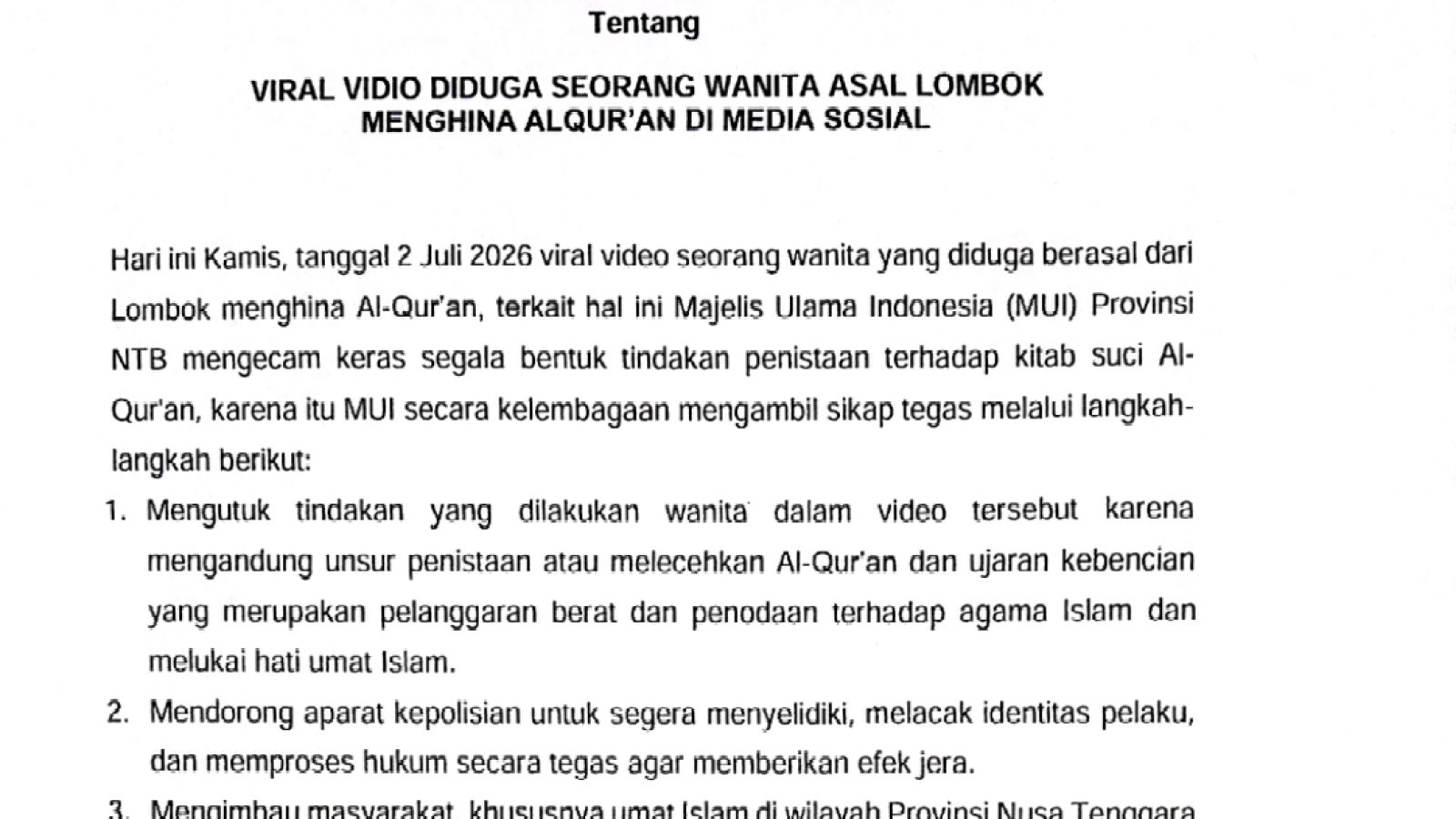 MUI NTB Kecam Video Dugaan Penistaan Al-Qur’an, Desak Polisi Segera Tangkap Pelaku